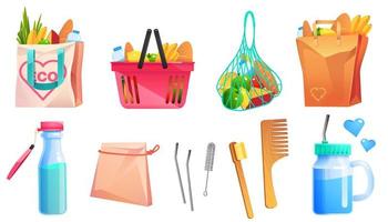 Zero waste goods, net, reusable bags, wooden comb vector
