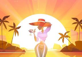 mujer joven con copa de vino, atardecer de sol de verano. vector
