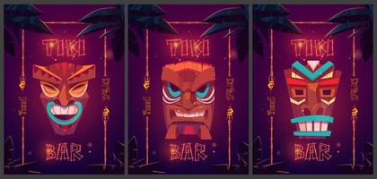 Tiki bar cartoon ad posters with tribal masks vector