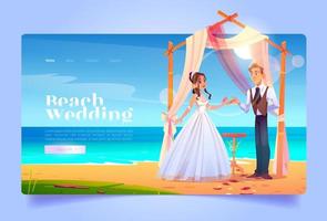 página de inicio de dibujos animados de boda en la playa novia y novio vector