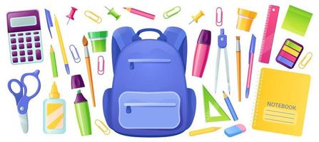 papelería para la escuela y mochila para niños vector