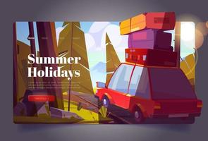 Summer holidays cartoon landing page, car travel vector