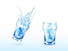 Glass with water splash and ice cubes vector