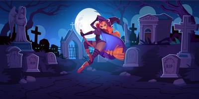 Beautiful witch on broom on cemetery at night vector