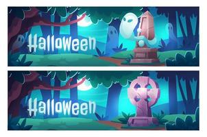 Halloween cartoon banners, cemetery with ghosts vector