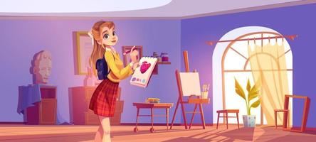 Art school cartoon banner. Artist girl at easel vector