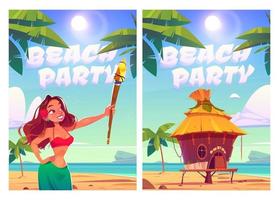 Beach party posters with woman, sea and bungalow vector