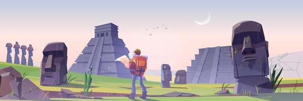 Hiker on Easter island with mayan pyramids vector