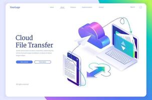 Cloud file transfer isometric landing page, banner vector