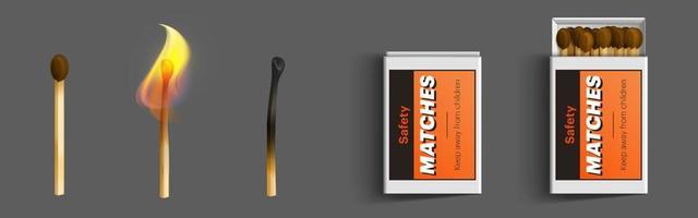Safety matches in box, stages of burning, vector
