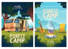 folletos de dibujos animados del campamento forestal, invitación a acampar vector
