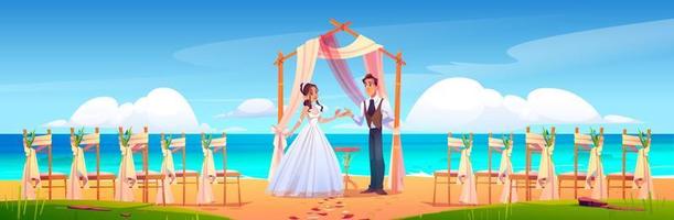 ceremonia de boda en la playa con pareja de recién casados vector