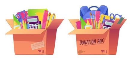 School stationery in cardboard donation box vector