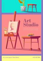 Art studio with artist stuff cartoon flyer design vector