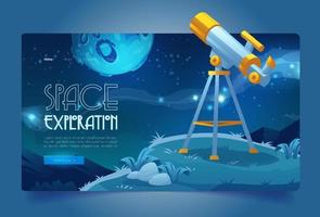 Space exploration banner with telescope on hill vector