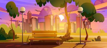 City park with bench sunset cityscape landscape vector