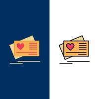 tarjeta amor corazón boda iconos plano y línea llena conjunto de iconos vector fondo azul