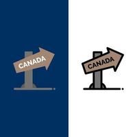 canadá, dirección, ubicación, señal, iconos, plano, y, línea, lleno, icono, conjunto, vector, fondo azul vector