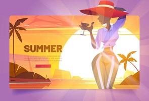 banner de verano con silueta de mujer con sombrero vector