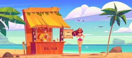playa de verano con tiki bar y chica en bikini vector