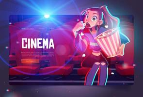 Cinema cartoon web banner young girl with pop corn vector