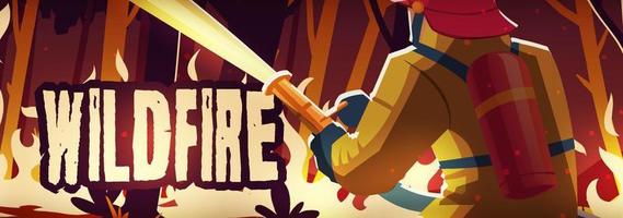 Wildfire landing page, burning forest and fireman vector