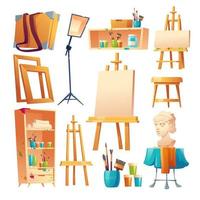 estudio de artista, conjunto de dibujos animados de material de aula de arte vector