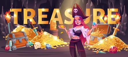 Pirate girl in treasure cave cartoon banner, loot vector