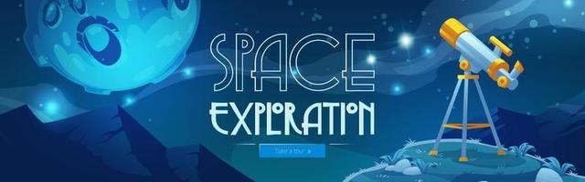 Space exploration cartoon banner with telescope vector