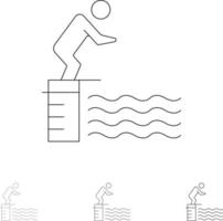 juego de iconos de línea negra audaz y delgada de deporte de piscina de plataforma de salto de buceo vector