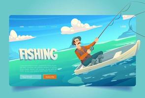 sitio web de pesca con lago y hombre en bote vector