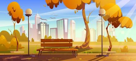 Autumn park with orange trees, wooden bench vector
