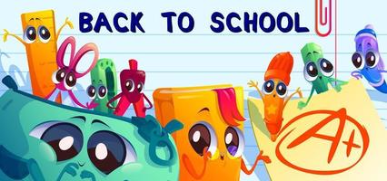 banner de dibujos animados de regreso a la escuela con cosas de estudiantes vector
