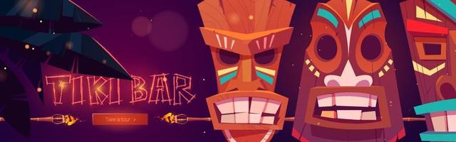 banner web de dibujos animados tiki bar con máscaras tribales