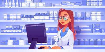 Pharmacist at counter in pharmacy with medicines vector