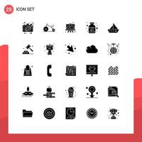 Set of 25 Vector Solid Glyphs on Grid for boat herbal designing bottle painting Editable Vector Design Elements