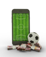 3D rendering of a mobile phone with soccer field on screen, soccer ball and stacks of Ghanaian cedi notes png