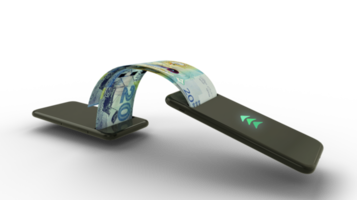 3D rendering of Kuwaiti dinar notes transferring from one phone to another. mobile money transaction concept. money coming out of mobile phone png