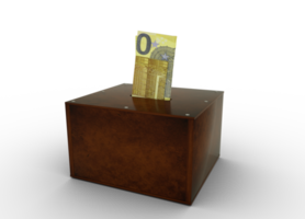 nota de euro dentro da caixa de poupança de madeira. banco de poupança genérico, banco de moeda de um centavo, caixa de dinheiro. renderização 3d png