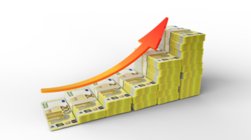 sinal de crescimento financeiro feito de pilhas de notas de euro. renderização 3D de dinheiro organizado na forma de um gráfico de barras png
