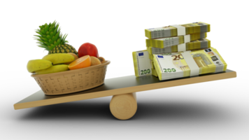 inflación en europa, pesando la moneda europea frente a los alimentos, alto costo de vida, renderizado 3d png