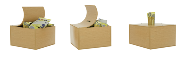 Euro notes inside an open wooden savings box. set of savings concept. Generic Piggy Bank, Penny Bank, Money Box. 3d rendering png