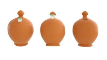 conjunto de pote de poupança argiloso marrom isolado em fundo transparente. renderização 3D da nota dirham dos Emirados Árabes Unidos indo para dentro do contêiner de poupança png