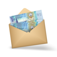 Kuwaiti dinar notes inside an open brown envelope. 3D illustration of money in an open envelope png