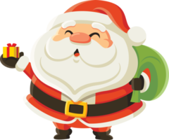 Feliz Navidad. santa claus sosteniendo una caja de regalo de navidad presente en la mano y llevando una bolsa. personaje navideño png