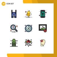 Modern Set of 9 Filledline Flat Colors Pictograph of countdown notification alert magnifier wifi Editable Vector Design Elements