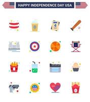 USA Happy Independence DayPictogram Set of 16 Simple Flats of gate usa invitation sports baseball Editable USA Day Vector Design Elements