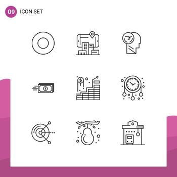 User Interface Pack of 9 Basic Outlines of invest money brain flow dollar Editable Vector Design Elements