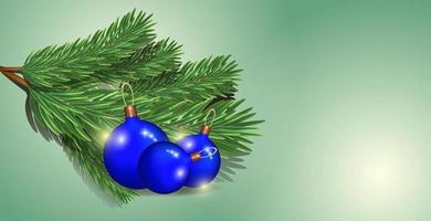 A fir branch with blue Christmas balls on an isolated background.  Template for text, design elements, places to copy, postcards, social networks, covers, banners. New Year and Christmas. vector