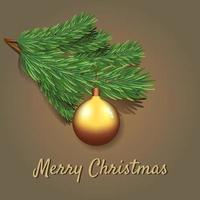 A golden Christmas ball is hanging on a green fir branch.  Template for text, design element, copy space, postcard, social networks, cover design . New Year and Christmas vector